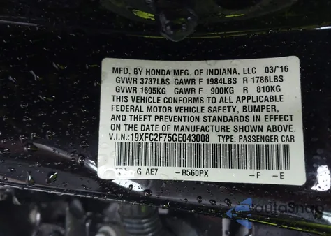 2016 Honda Civic Ex from USA, damaged, VIN 19XFC2F75GE043008